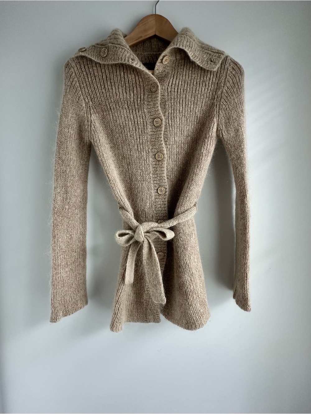 Vtg Talula Babaton Beige Mohair Made In HK Button-Front Tie-Waist Cardigan XS